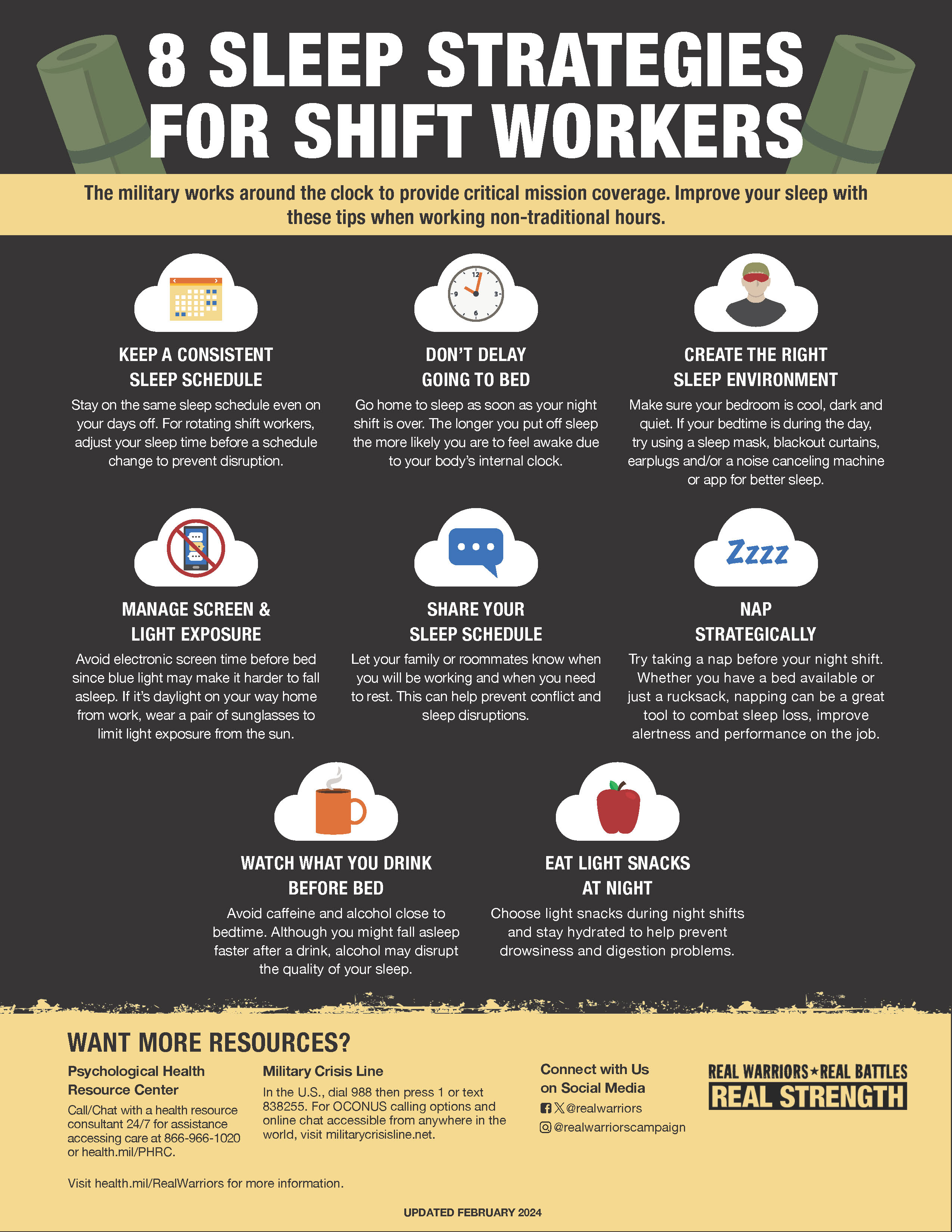The flyer’s top banner is black and white with the text, “8 Sleep Strategies for Shift Workers” written at the top. There is text underneath that says, “The military works around the clock to provide critical mission coverage. Improve your sleep with these tips when working non-traditional hours.”
Below, there are eight tips for improving sleep including:
Keep a consistent sleep schedule,
Create the right sleep environment,
Manage screen & light exposure,
Share your sleep schedule,
Nap strategically,
Watch what you drink before bed,
Eat light snacks at night.
The RWC logo is on the bottom right corner.