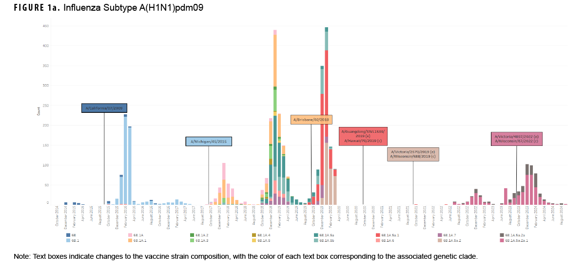 FIGURE 1a. Influenza Clades for Influenza Subtype A(H1N1)pdm09, October 2014–August 2024. This graph presents a series of stacked vertical columns, each of which represents the total number of influenza specimens that were characterized by a clade in a given month. The segments of each column depict the clades of influenza characterized. The horizontal, or x-, axis is divided into 119 individual months, from October 2014 through August 2024. Text box labels affixed to the graph indicate changes to the prevailing vaccine strain composition, with the color of each text box corresponding to the associated genetic clade. This graph shows 16 distinct clades throughout the 10 year period.  