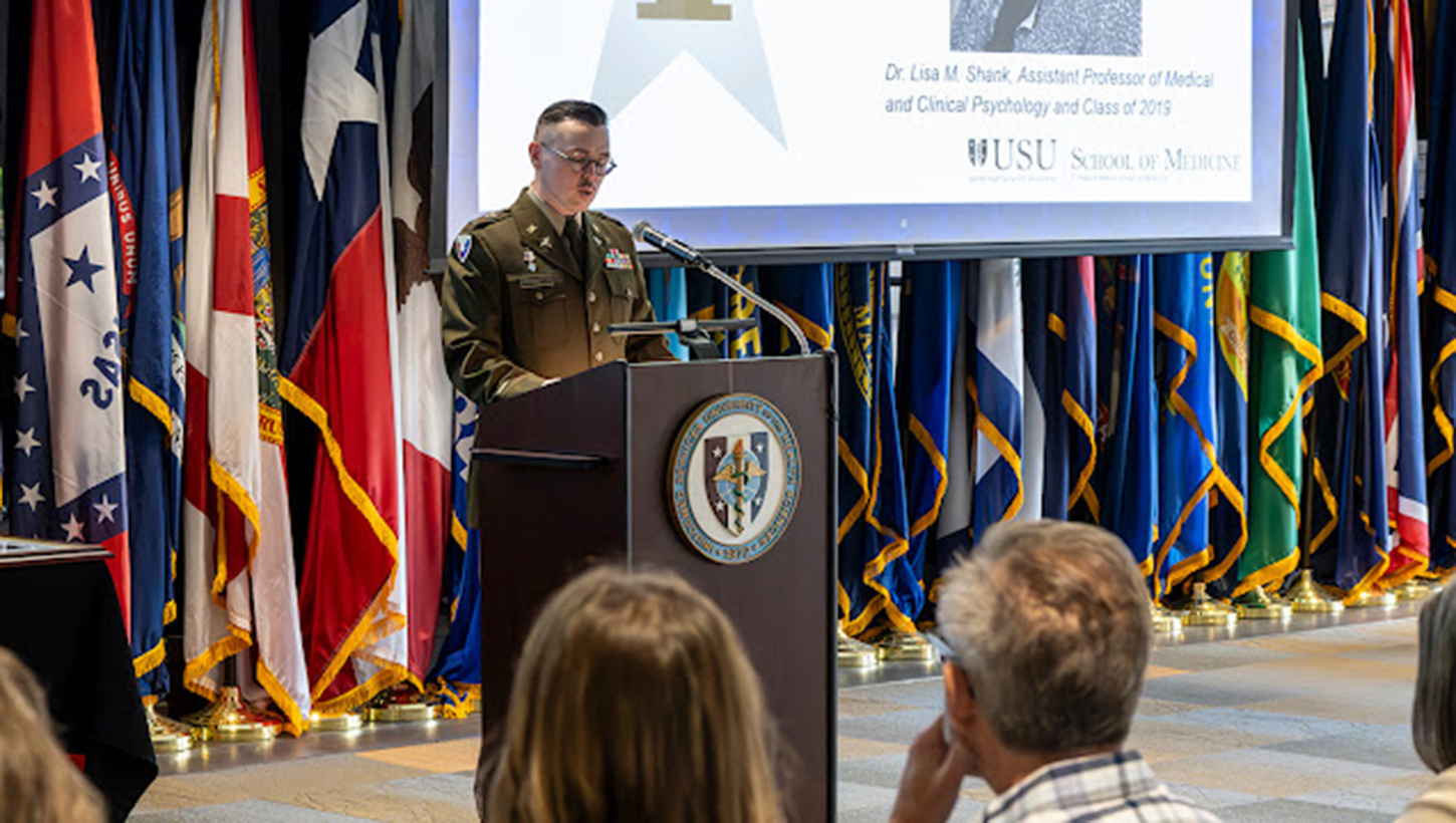 U.S. Army 1st Lt. John Ray Roberts serves as the student emcee for the 2026 Graduate Education Awards Ceremony