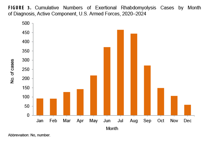 FIGURE 3. Cumulative Numbers of Exertional Rhabdomyolysis Cases by Month of Diagnosis, Active Component, U.S. Armed Forces, 2020–2024. This graph presents 12 vertical columns, each representing a month of the year, depicts the cumulative number of exertional rhabdomyolysis cases by month of diagnosis during the five-year period of 2020 through 2024 among active component service members. The vertical, or y-, axis measures the number of cases, in units of 50, from 0 to 500. July and August had the highest cumulative cases, nearly equal in number, followed by June. The months of September and May were next in ranked order, December and February had the smallest numbers of cases. Although the seasonal pattern of case counts was not surprising, cases were documented throughout the year.