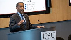 Dr. Jonathan Woodson speaks at the Uniformed Services University's Sleep and Fatigue Management Summit.