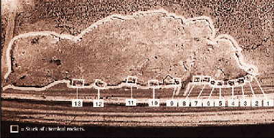 Figure 27. Pre-demolition imagery of the 600m x 150m Pit, showing the 13 stacks of rockets