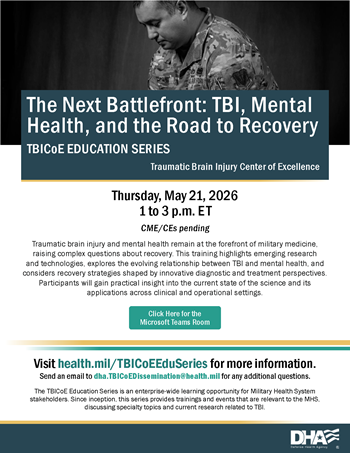 Thumbnail image of the downloadable PDF flyer of the May 21 TBICOE Education Series event on TBI and Mental Health