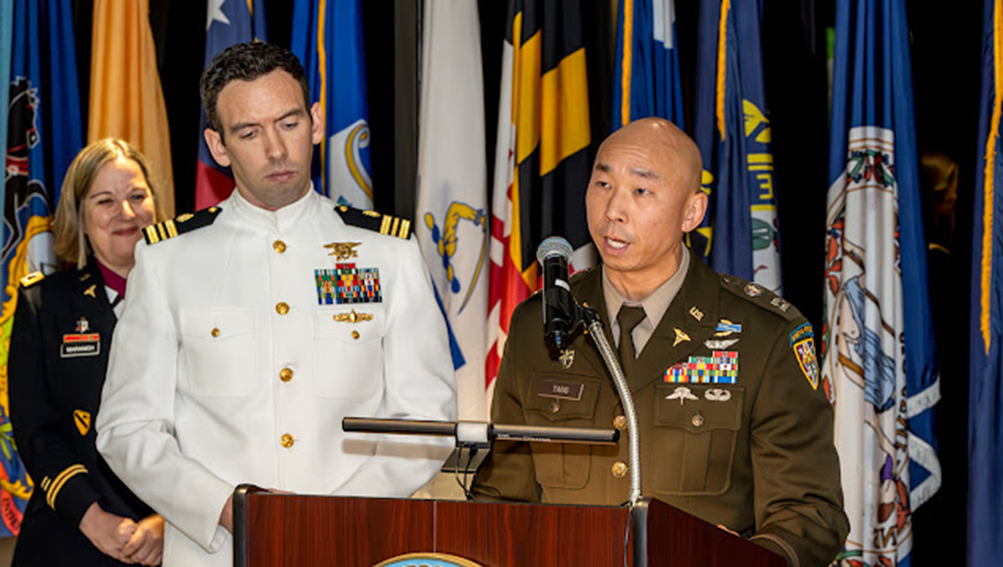 Class of 2026 Vice President U.S. Army 2nd Lt. Shawn Tang delivers remarks alongside Class President U.S. Navy Ens. Ian McMenamin during the presentation of the class gift 