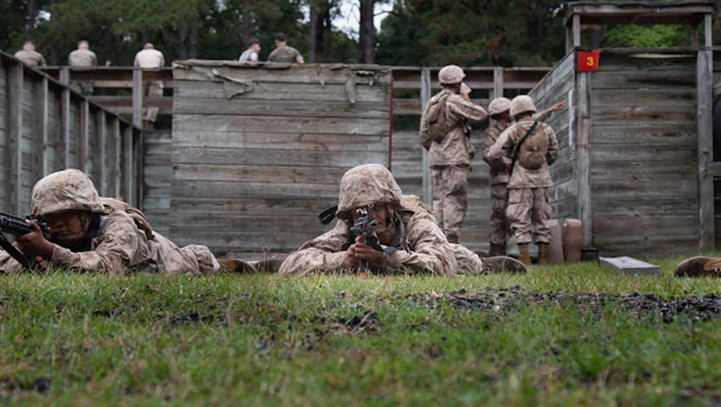 Recruit Austin Breindal with Charlie Company, 1st Recruit Training Battalion, Recruit Training Regiment, posts security during the Crucible