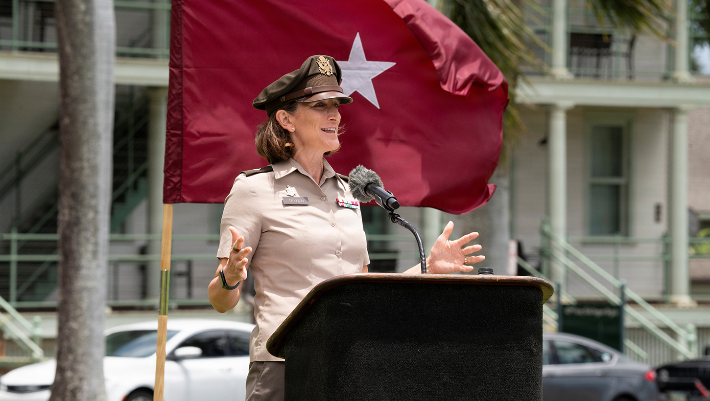 Photo of Brigadier General Deydre Teyhen speaks at the US Army Garrison Hawaii's Celebration of Service 