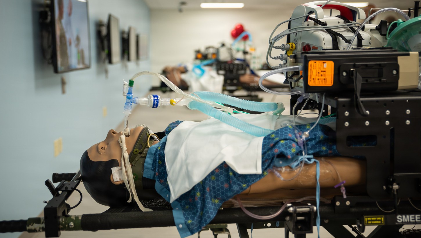 A patient simulator lies on a gurney at the expanded Center for Sustainment of Trauma and Readiness Skills (C-STARS) Cincinnati DARRIO Simulation Center at University of Cincinnati Medical Center in Cincinnati, Ohio.