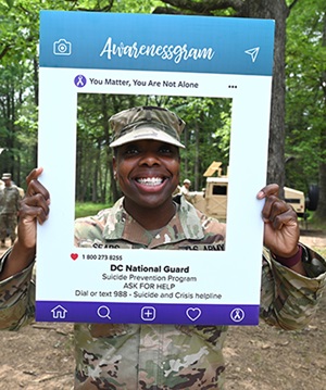 An Army National Guard member takes an “Awarenessgram” selfie at Fort Indiantown Gap, Pennsylvania, on June 5, 2025.