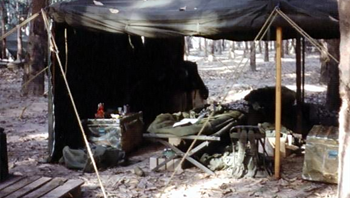 A typical Arctic Army-issued tent was usually used by four or five soldiers. Poorly suited for Vietnam’s extreme high temperatures, the tents sides were rolled up to allow some cooling. The tent was where Army Spc. Four Donald Ward Evans, Jr. bunked