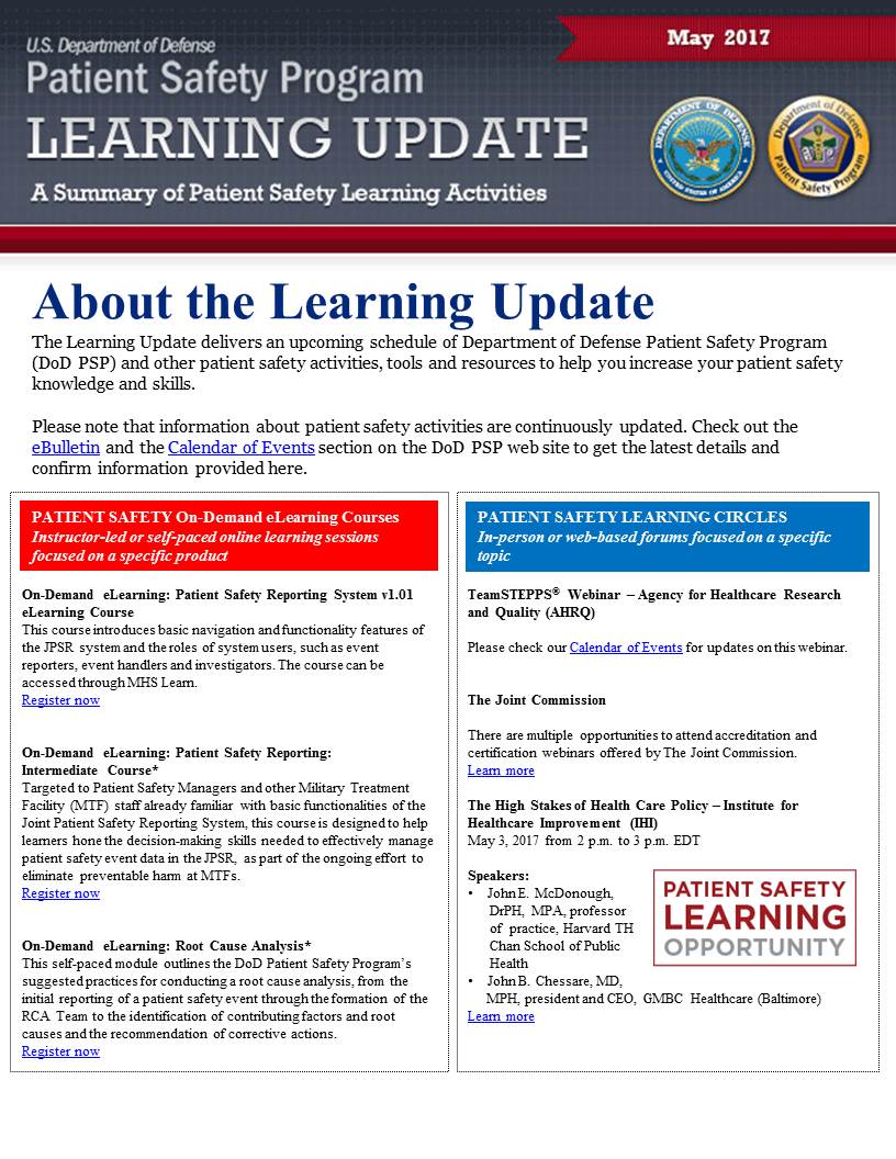Department of Defense Patient Safety Program Learning Update: May 2017