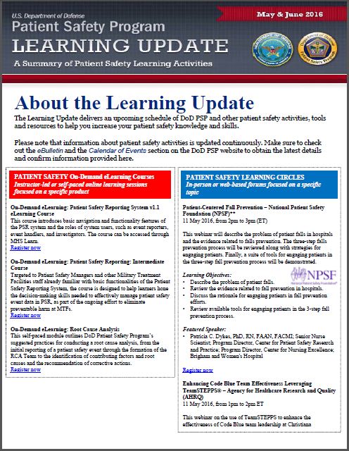 Image of the May/June 2016 DoD Patient Safety Program Learning Update publication.