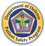 circular logo with department of defense patient safety program written around the perimeter and a pentagon shaped image in the center with the medical caduceus over a medical cross symbol