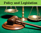 Scales and a gavel, with the text, "Policy and Legislation"
