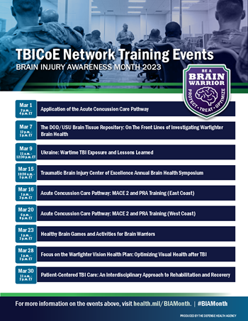 Thumbnail image of downloadable flyer for 2023 Brain Injury Awareness Month TBICoE events