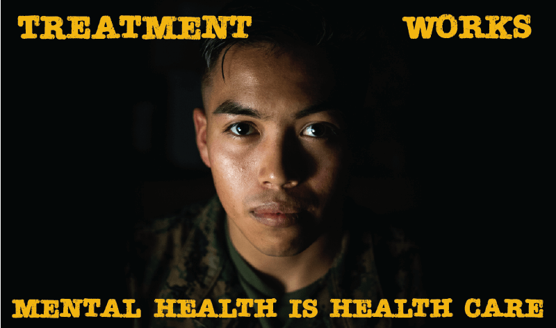 Image of a U.S. Marine on a black background with the text, Treatment Works Mental Health is Health Care