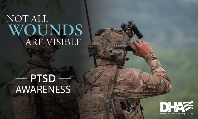 Image of Service members in uniform, looking into the distance with the words: Not all wounds are visible, PTSD Awarenes