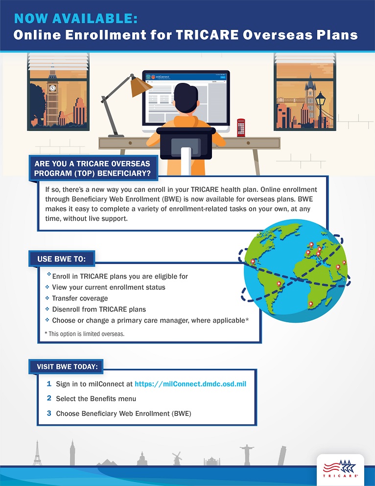 Link to Infographic: Flyer featuring an image of a man at his computer, explaining that Beneficiary Web Enrollment BWE is now available for TRICARE Overseas beneficiaries to complete enrollment-related tasks online.