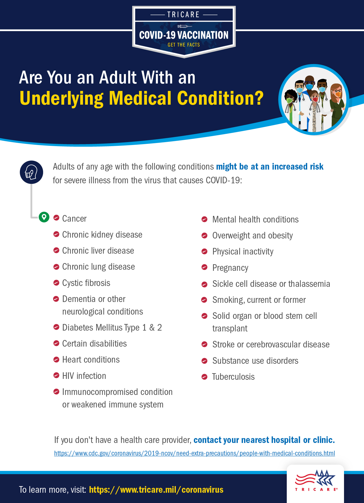 Link to Infographic: Graphic explaining the risk of severe illness to COVID-19 under certain medical conditions. Certain underlying medical conditions put you at increased risk for severe illness from the virus that causes COVID-19. Severe illness from COVID-19 is defined as hospitalization, admission to the ICU, intubation or mechanical ventilation, or death. Adults of any age with the following conditions are at increased risk of severe illness from the virus that causes COVID-19: Cancer; Chronic kidney disease; COPD; Down Syndrome; Heart conditions, such as heart failure, coronary artery disease, or cardiomyopathies; Immunocompromised state from solid organ transplant; Obesity; Pregnancy; Sickle cell disease; Smoking; or Type 2 diabetes mellitus.