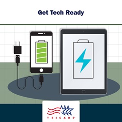Image of phone and tablet, fully charged with text "Get Tech Ready"