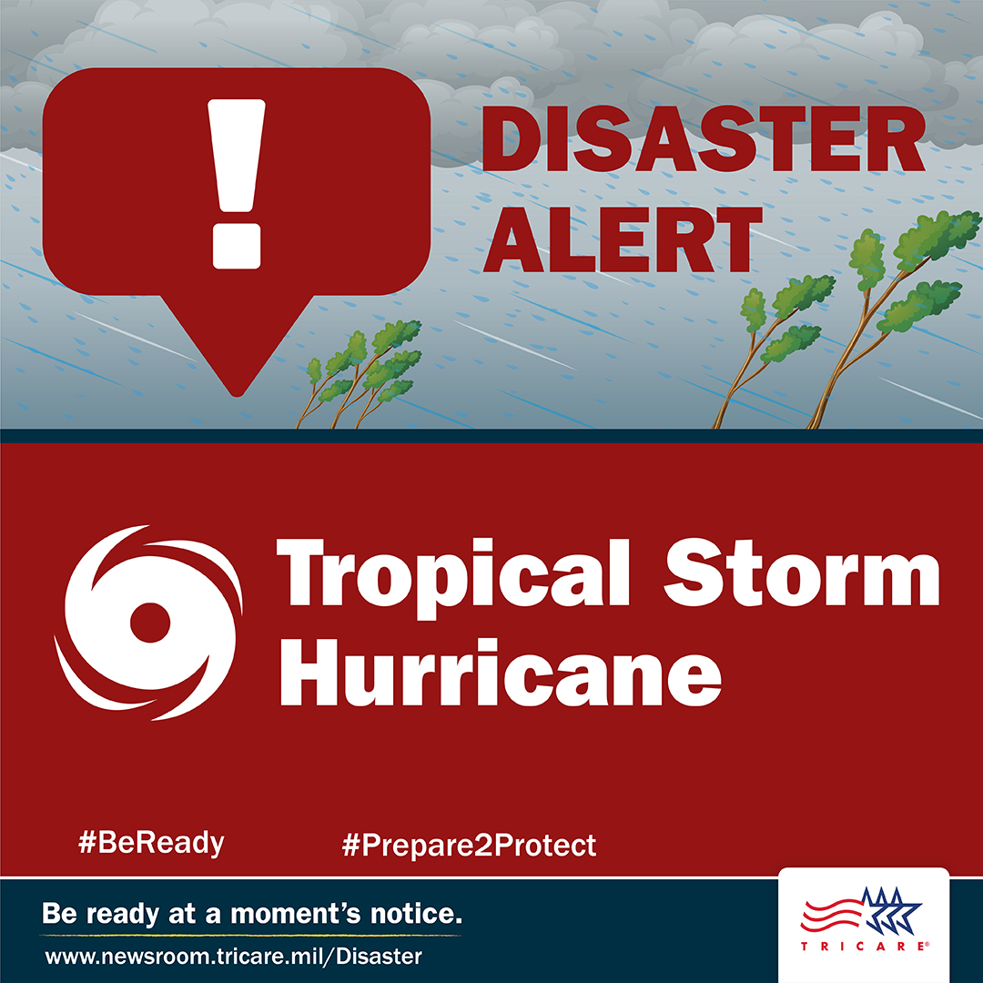  Tropical Storm: Disaster alert graphic that says, "Disaster Alert: Tropical Storm Hurricane" with an image of trees blowing in wind and rain.