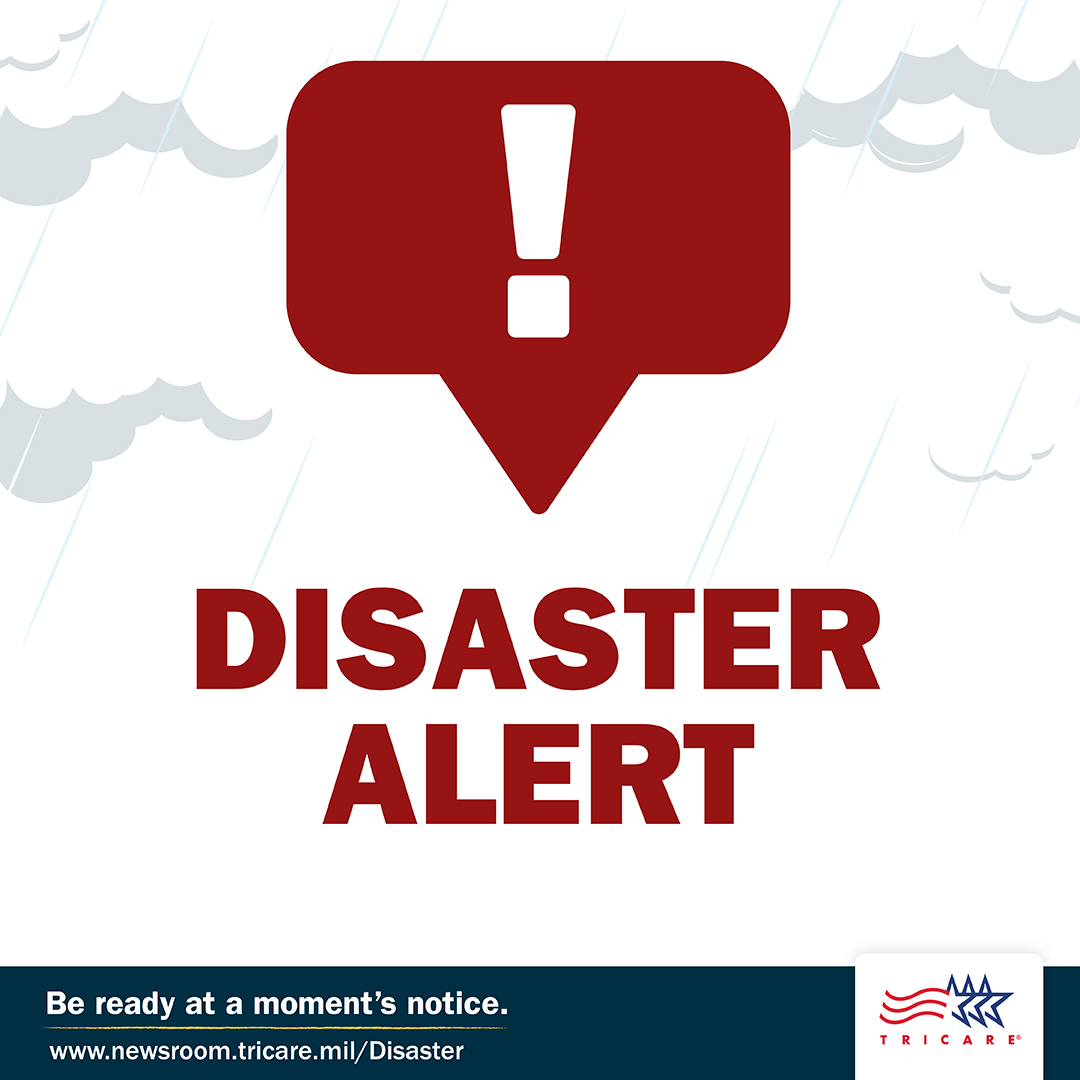 Graphic that says "Disaster Alert" with an exclamation point with a stormy background.