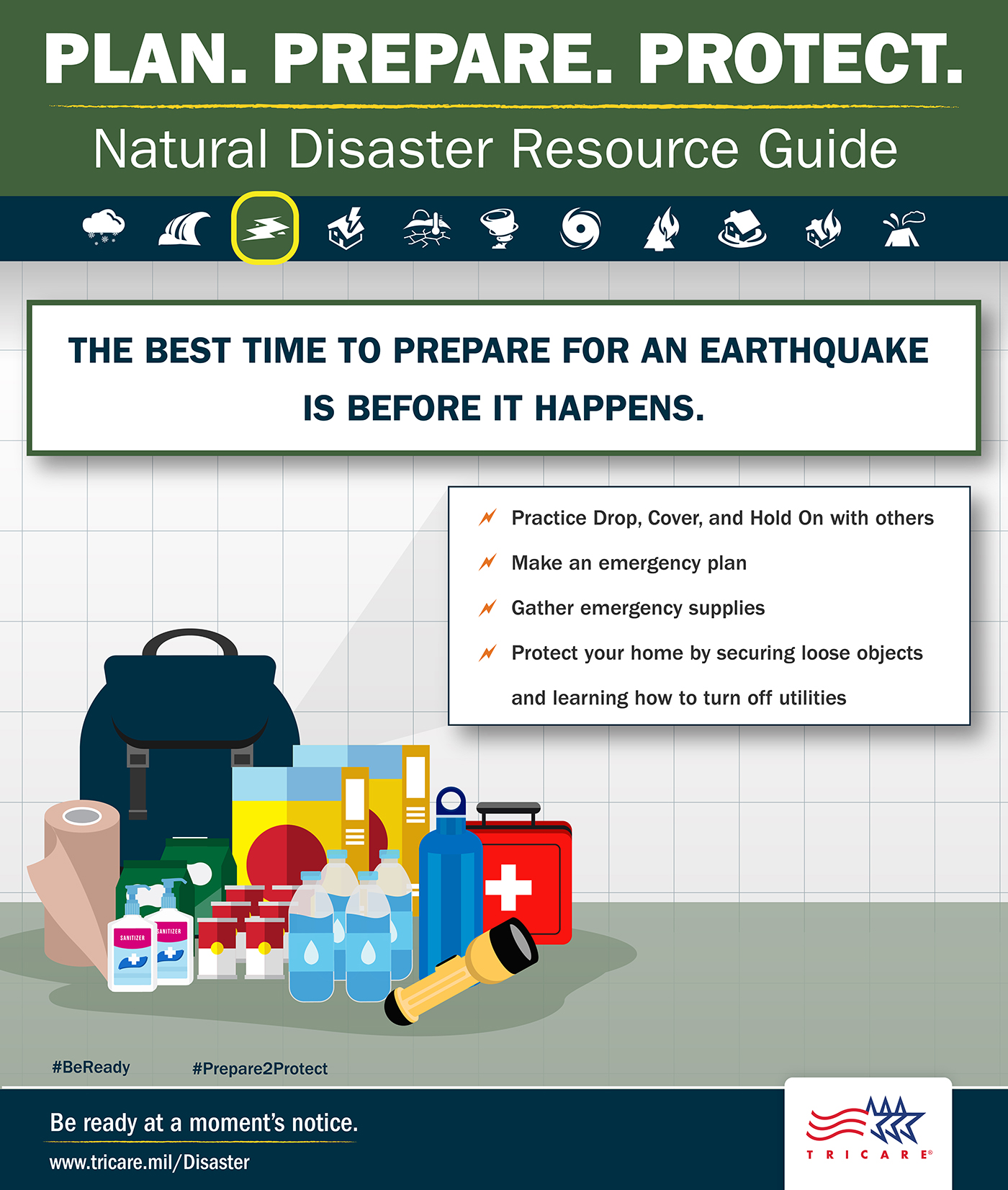 The best time to prepare for an earthquake is before it happens.  Plan. Prepare. Protect. Natural Resource Guide. The best time to prepare for an earthquake is before it happens. Image of supplies. Follow these tips: practice drop, cover, and hold on with others; make an emergency plan; gather emergency supplies, protect your home by securing loose objects and learning how to turn off utilities. Be ready at a moment’s notice. Visit: www.tricare.mil/Disaster