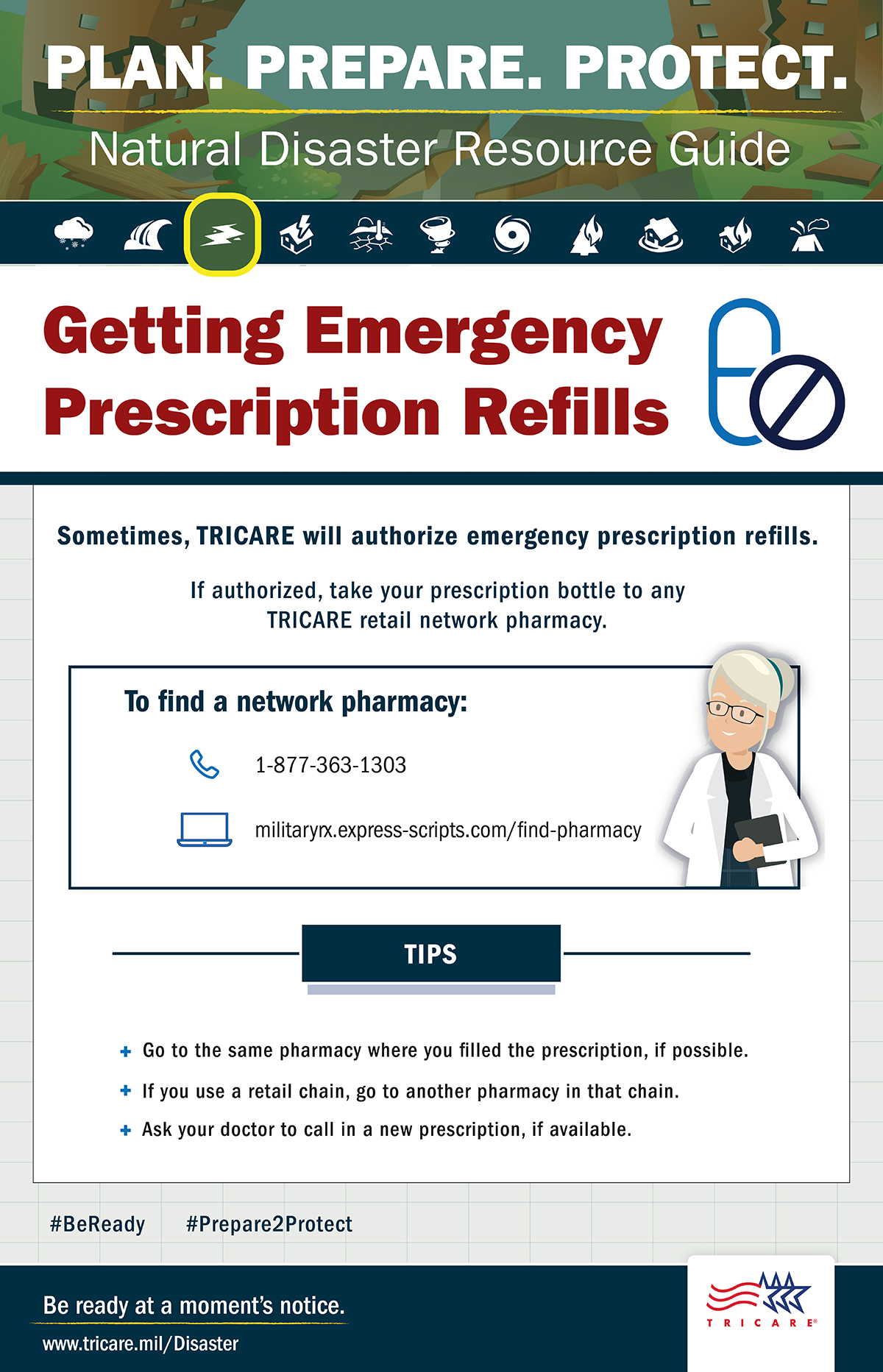 Link to Infographic:  During a disaster, TRICARE may authorize emergency prescription resources. 