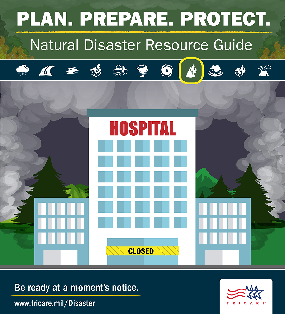 Image of a hospital with a closed sign. Use this graphic if your MTF closes due to a wildfire.