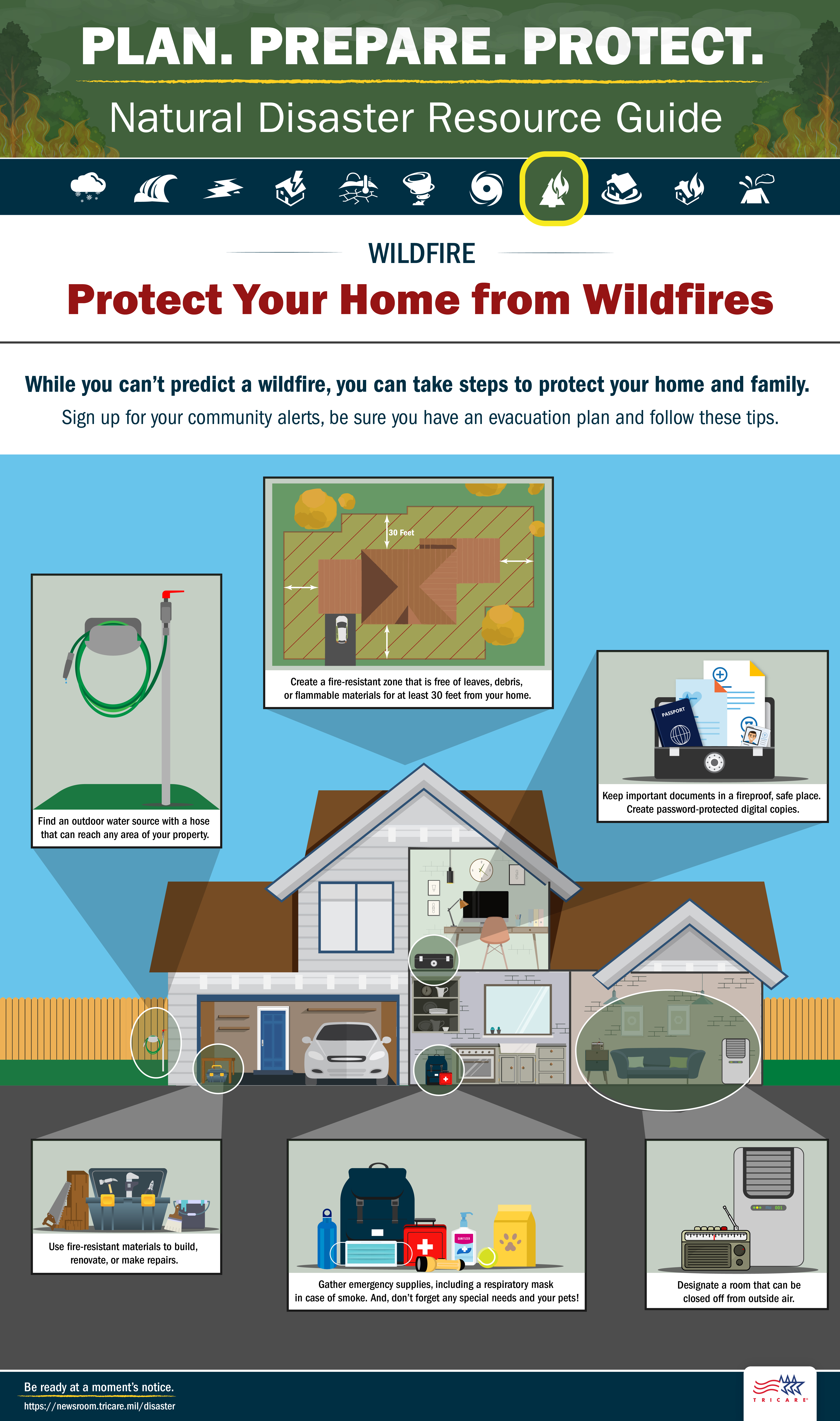 Link to Infographic: Plan. Prepare. Protect. While you can't predict a wildfire, you can take steps to protect your home and family.