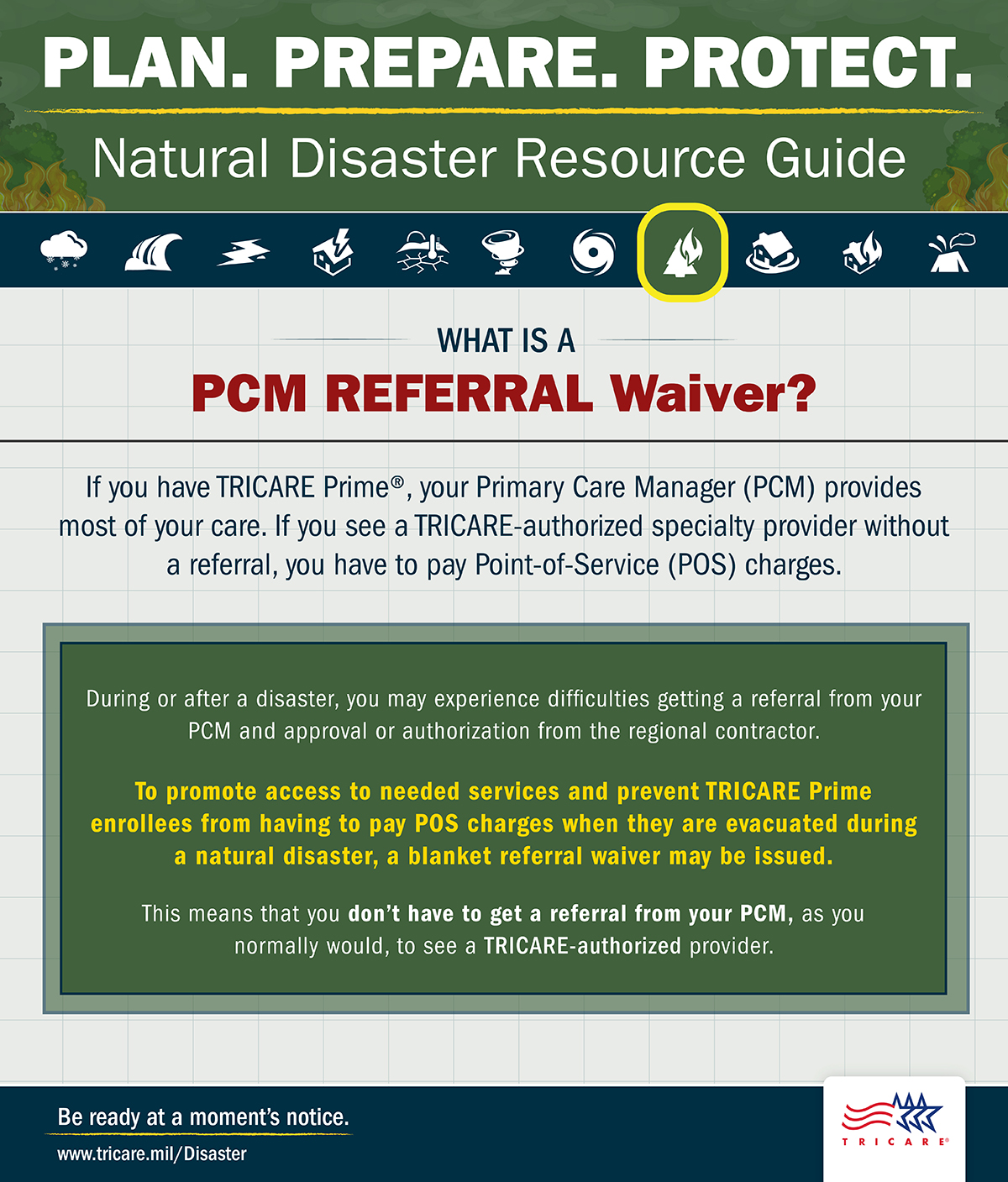 Image describing what a Primary Care Manager Referral waiver is, and when you can obtain a blanket referral waiver during a wildfire