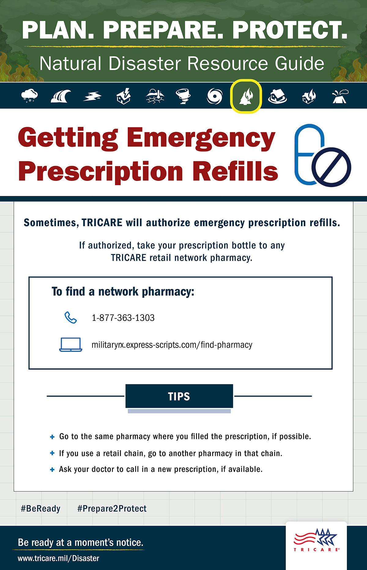 This graphic highlights how to obtain emergency prescription refills in the event of a wildfire