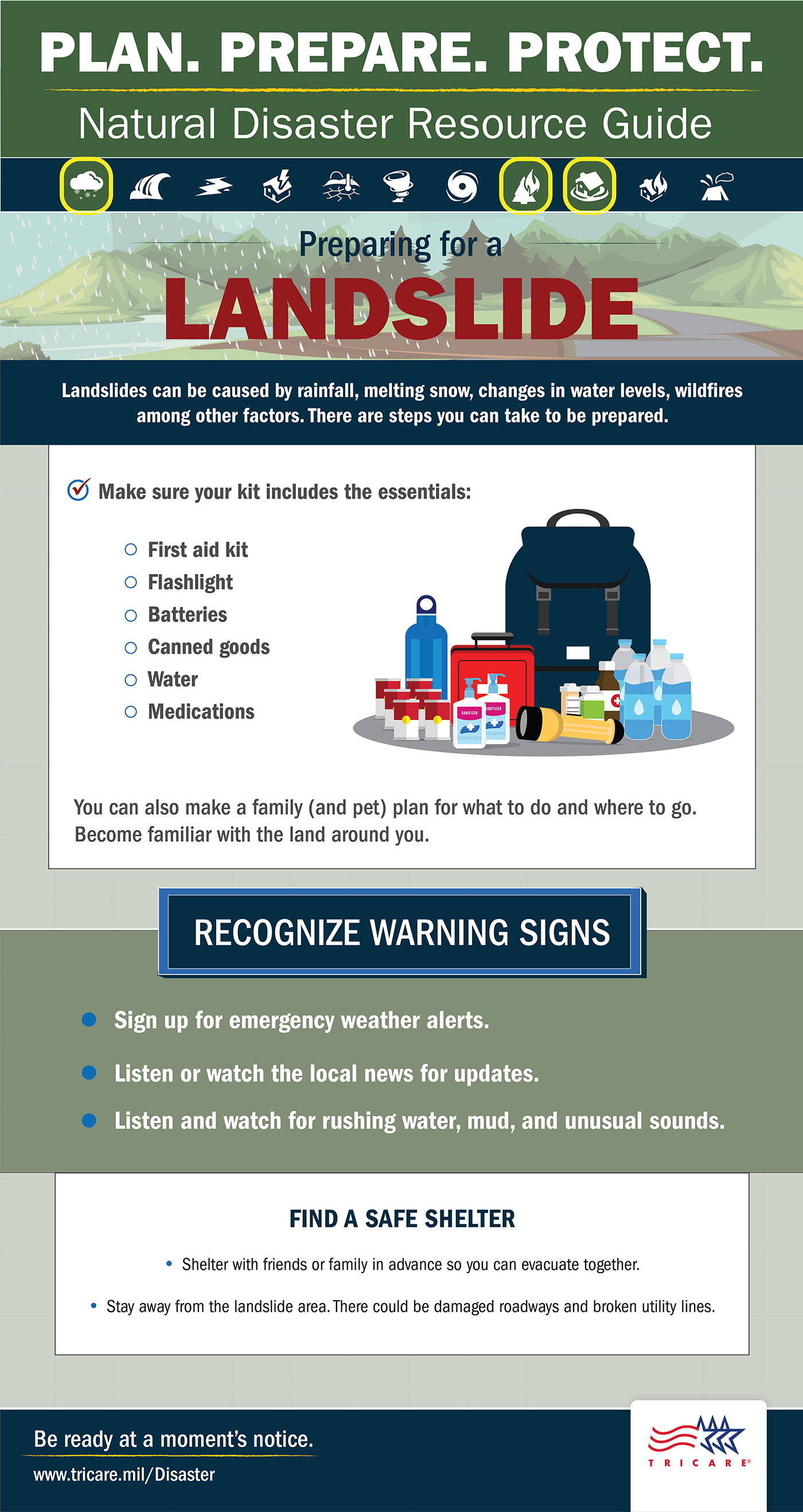 Follow these tips to prepare for a landslide. Plan. Prepare. Protect. Natural Resources Guide. Preparing for a landslide. Landslides can be caused by rainfall, melting snow, changes in water levels, wildfires, among other factors. There are steps you can take to be prepared. Make sure your kit includes the essentials: first aid kit, flashlight, batteries, canned goods, water, medications. You can also make a family (and pet) plan for what to do and where to go. Become familiar with the land around you. Recognize warning signs: Sign up for emergency weather alerts, listen or  watch  the local news for updates, listen and watch for rushing water, mud, and unusual sounds. Find a safe shelter: shelter with friends or family in advance, so you can evacuate together, and stay away from the landslide area. There could be damaged roadways and broken utility lines. Be ready at a moment’s notice. Visit: www.tricare.mil/Disaster. TRICARE logo. 