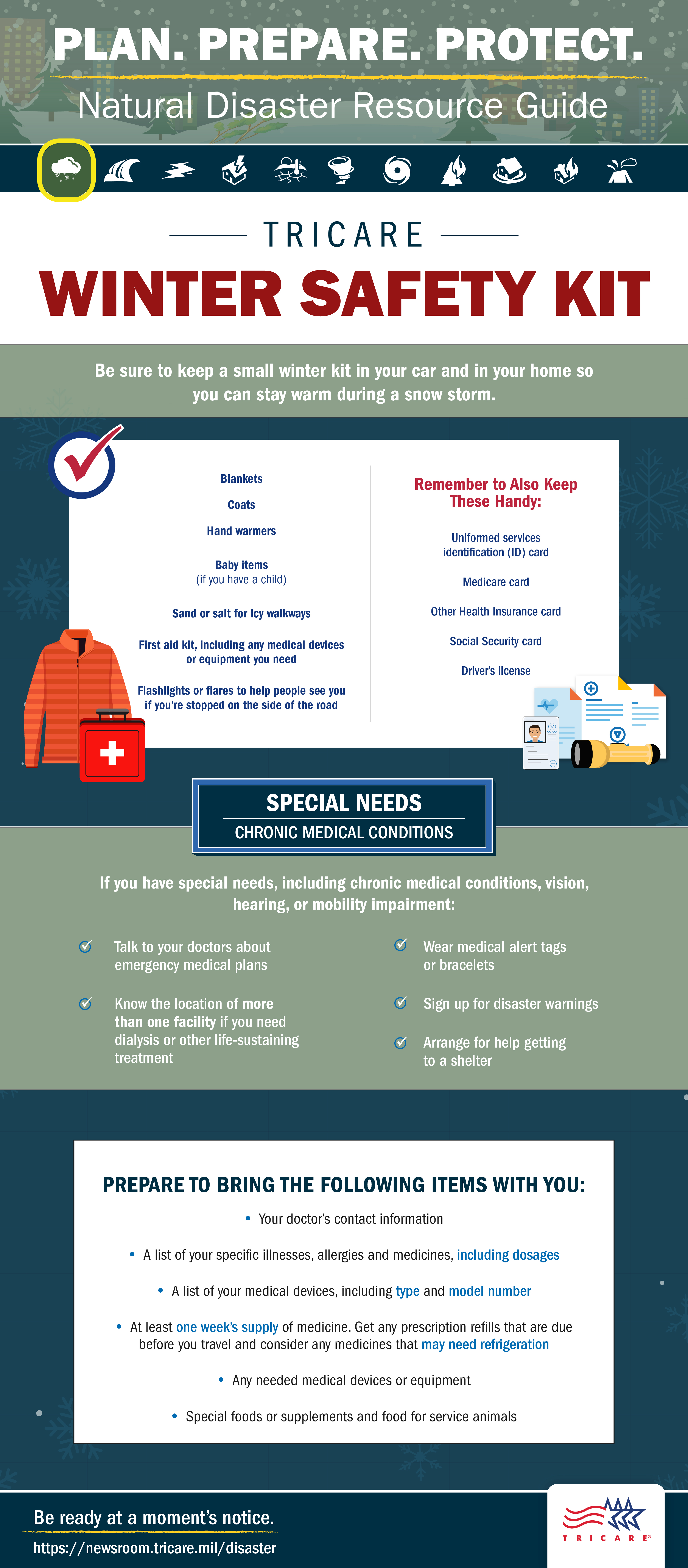 Link to Infographic: Plan. Prepare. Protect. Be sure to keep a small winter Kit in your car and in your house so you can stay warm during a snow storm.
