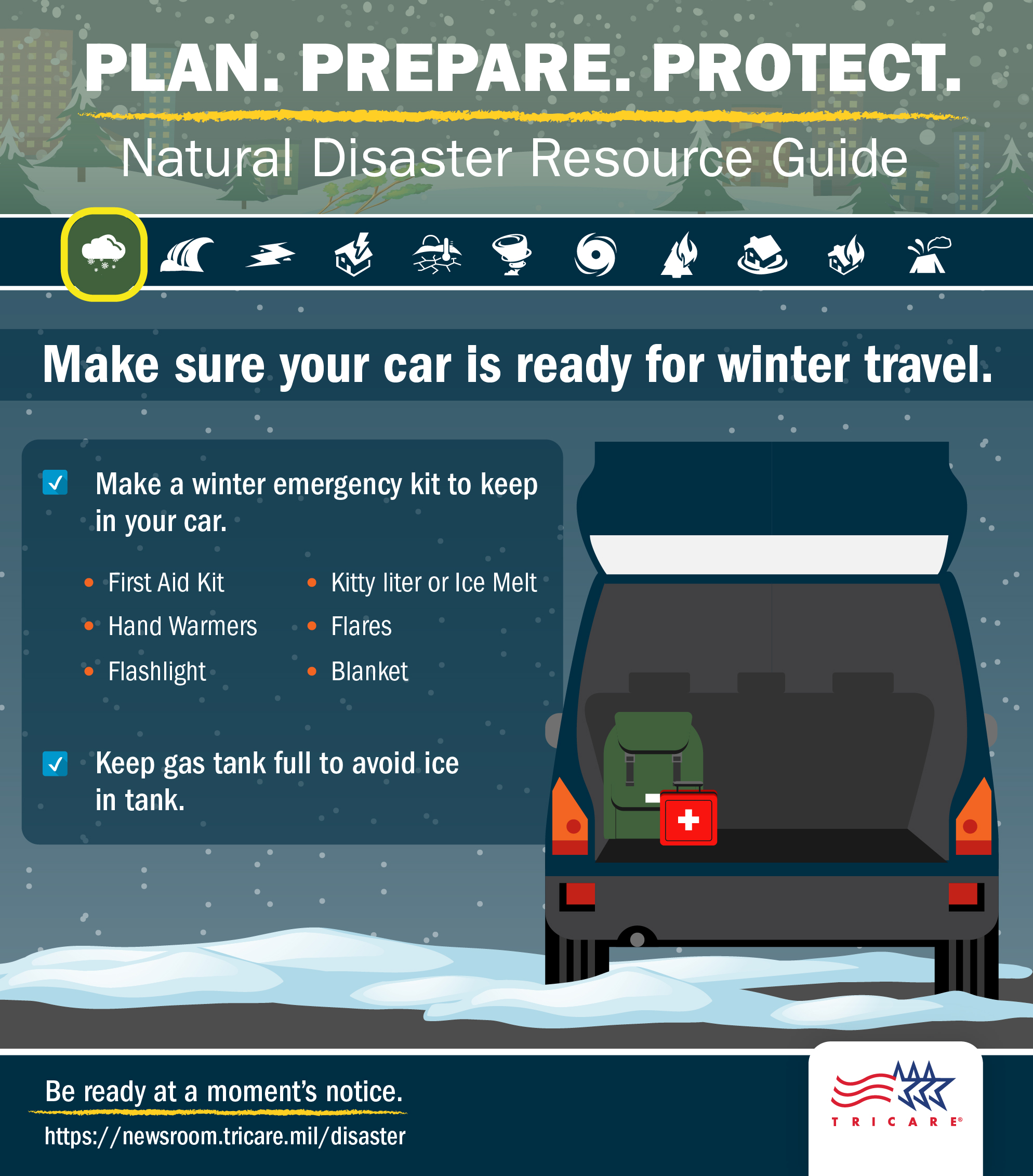 Link to Infographic: Plan. Prepare. Protect. Make sure your car is ready for winter travel.