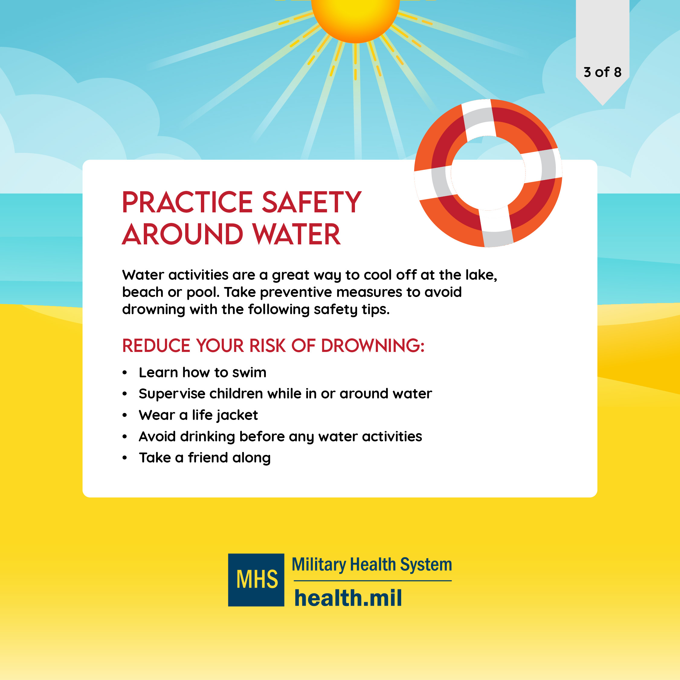 Social media graphic on summer safety showing a beach scene