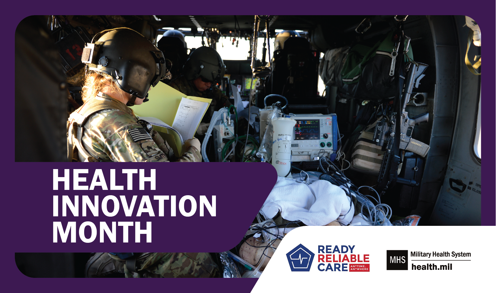 Social media graphic on Health Innovation Month showing a service member delivering en route care.