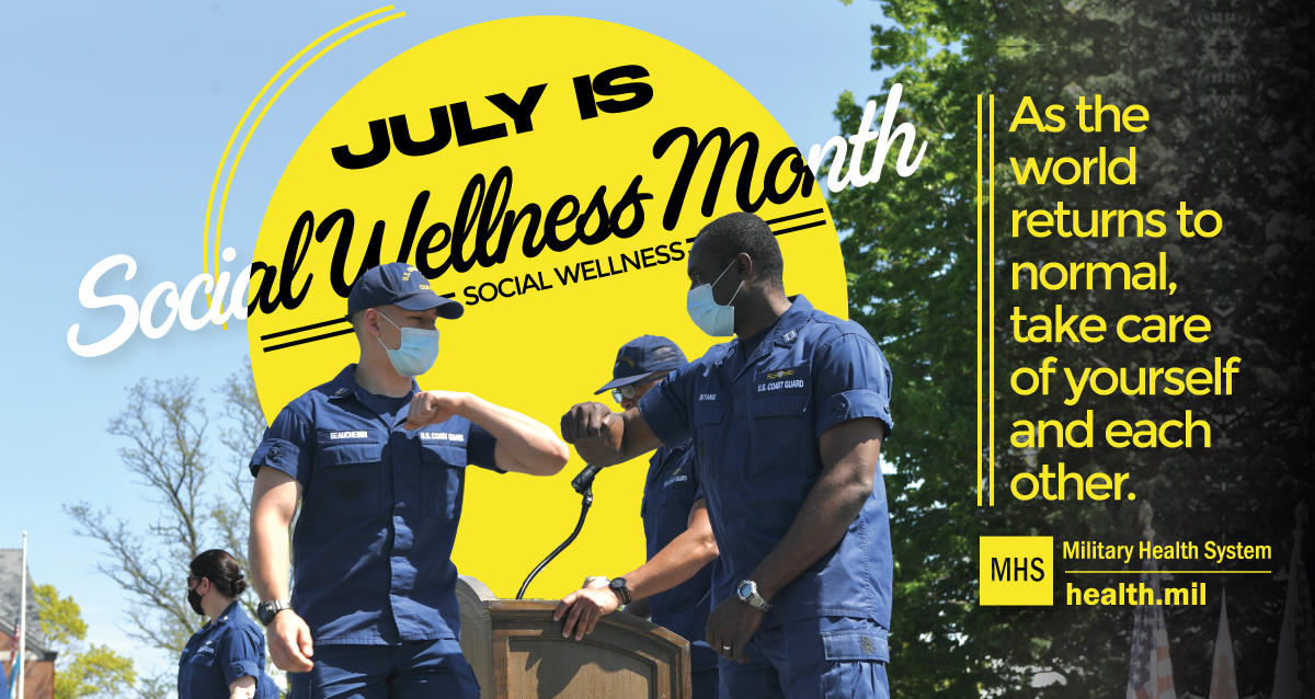 Social media graphic on Social Wellness Month showing service members congratulating each other