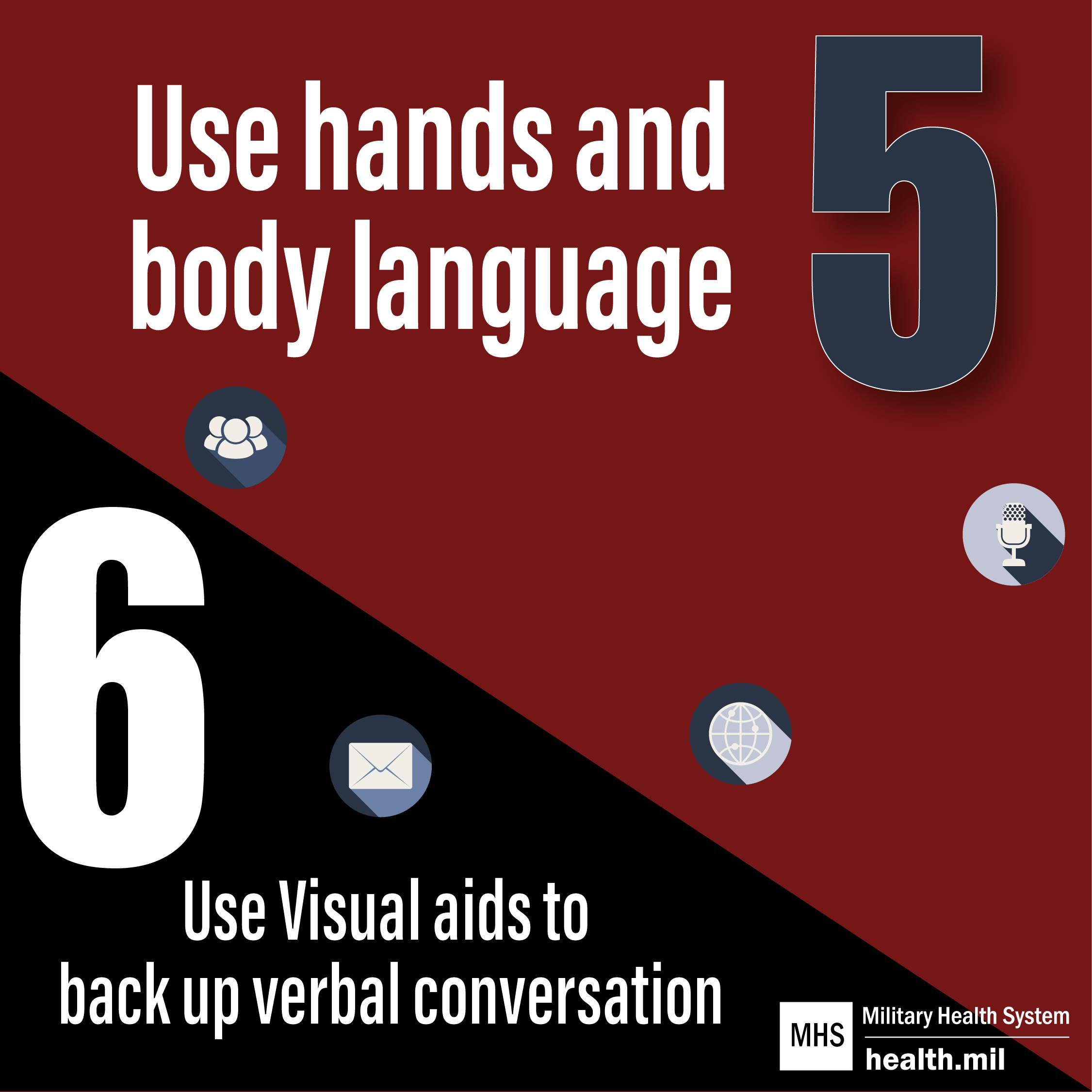 5 – Use hands and body language 6 – Use visual aids to back up verbal conversation