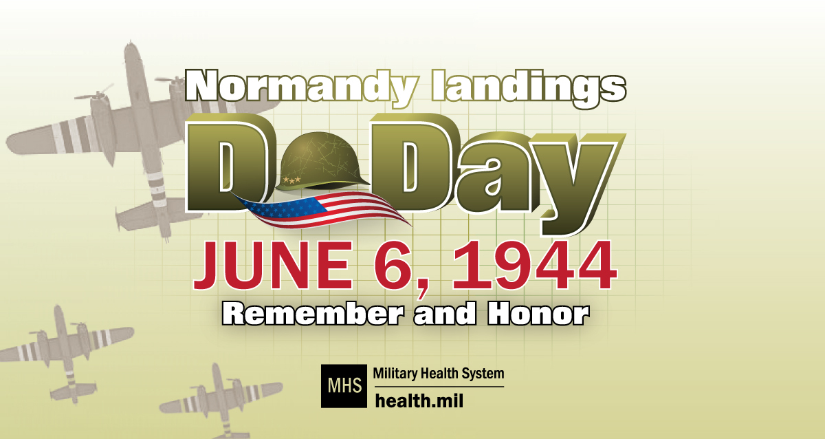 Social media graphic for D-Day Anniversary showing WWII-era aircraft, the American flag and a helmet.