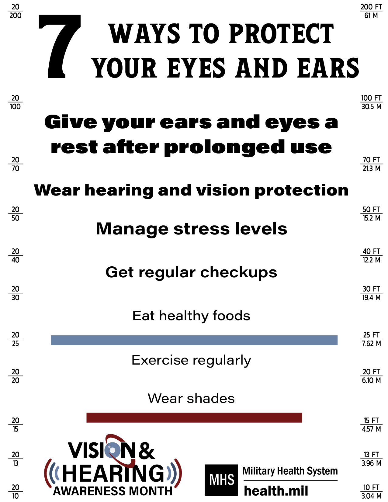 Social media graphic for Vision and Hearing prevention month on seven ways to protect your eyes and ears