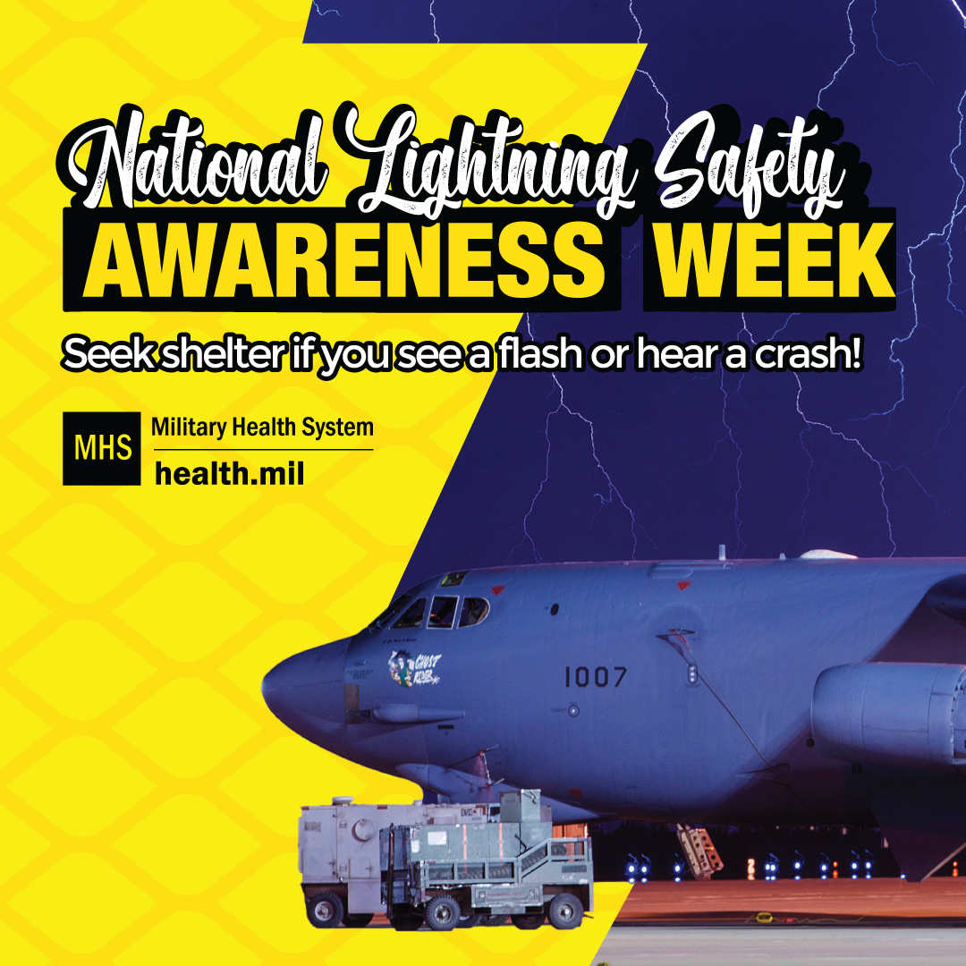 Social media graphic for National Lightning Safety Awareness showing a lightning strike behind an aircraft