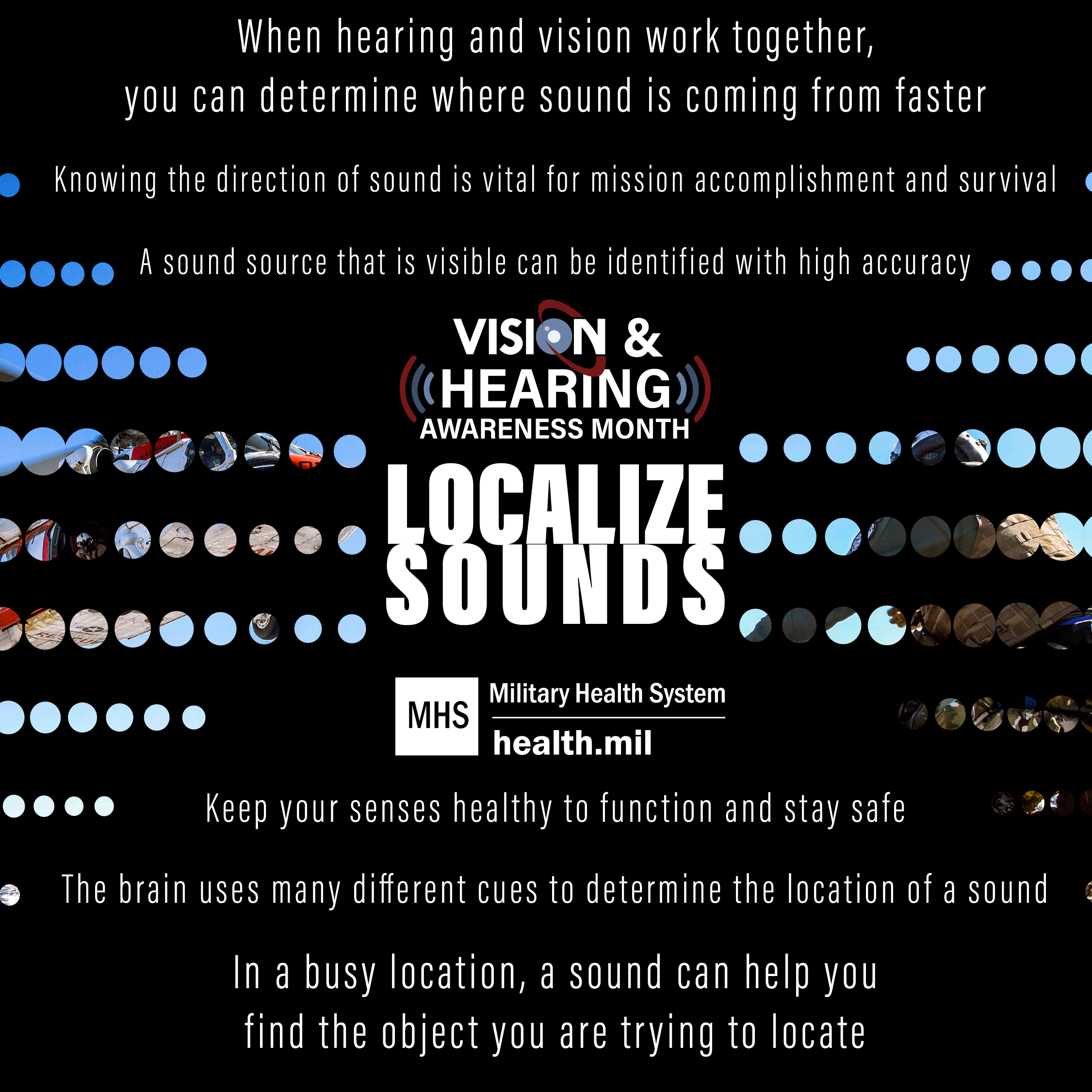 Social media graphic for Vision and Hearing prevention month on localizing sounds
