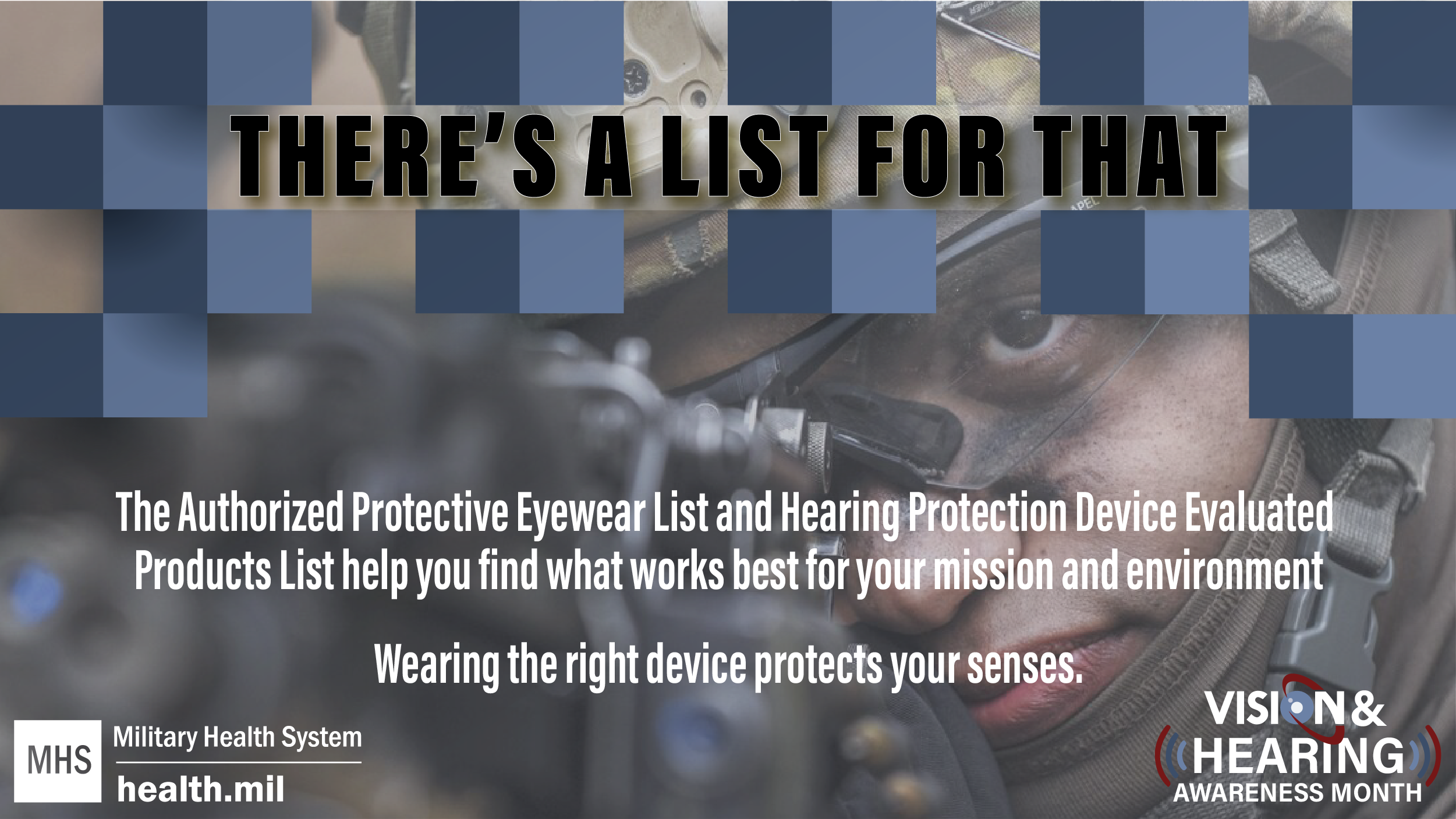 Social media graphic for Vision and Hearing prevention month on protective eyewear and hearing protection.
