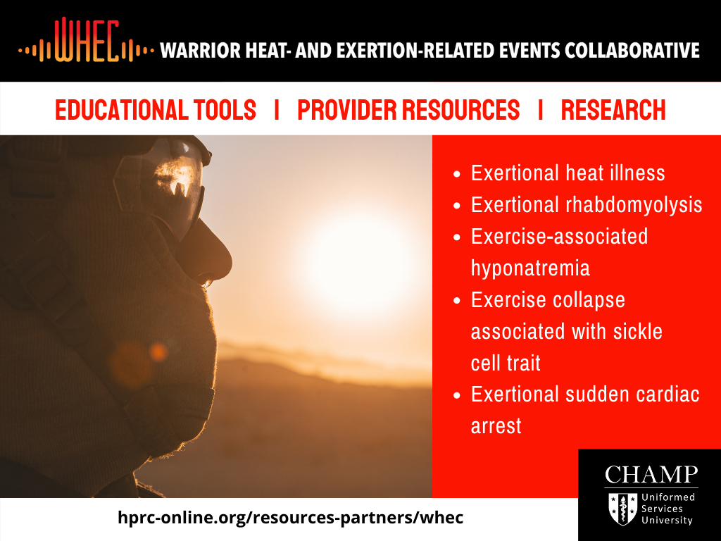Link to Infographic: Social media graphic from the Consortium for Health and Military Performance on extreme heat showing a service member looking towards sunset