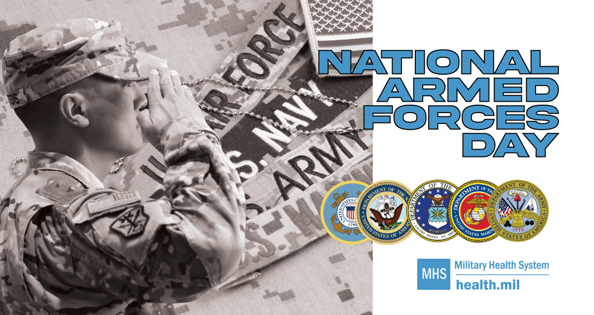Social Media graphic for National Armed Forces Day, showing the military service seals and a service member saluting. Alt Text: “National Armed Forces Day”