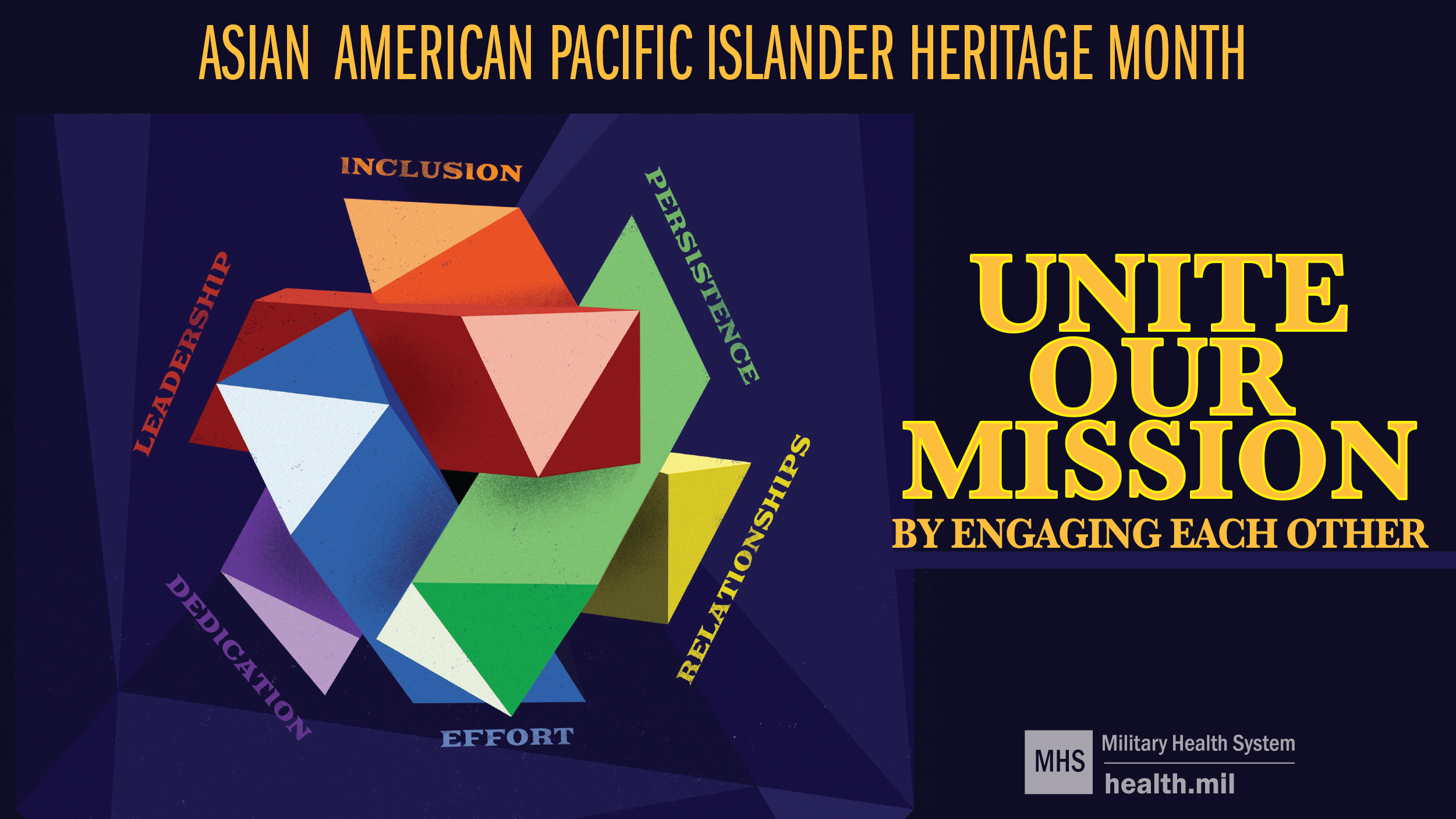 Social media graphic support Asian American and Pacific Islander Heritage Month showing a multicolored geographic design.