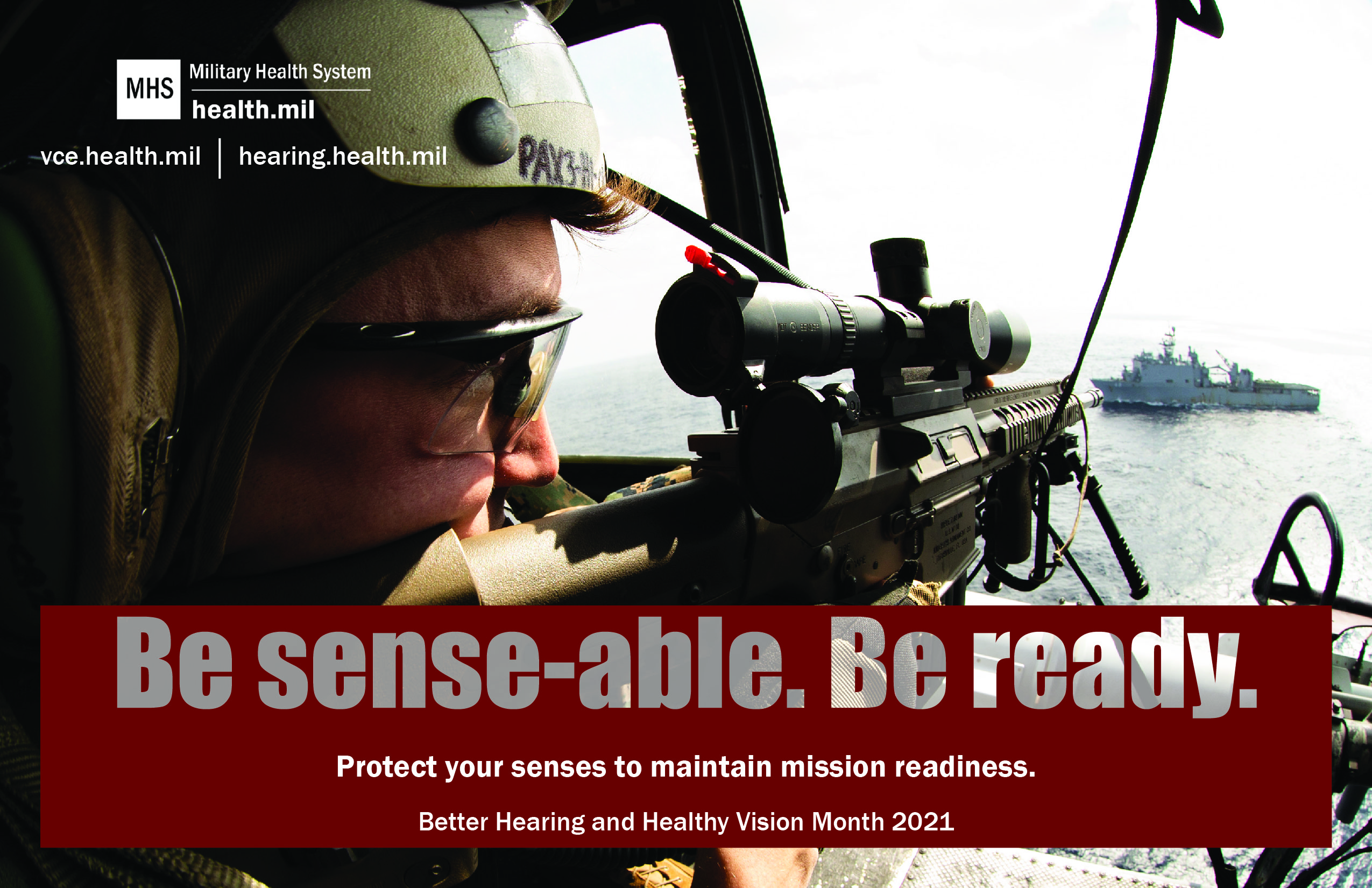 Social media graphic promoting Better Hearing and Health Vision Month showing a service member aiming a weapon wearing hearing and vision protection.