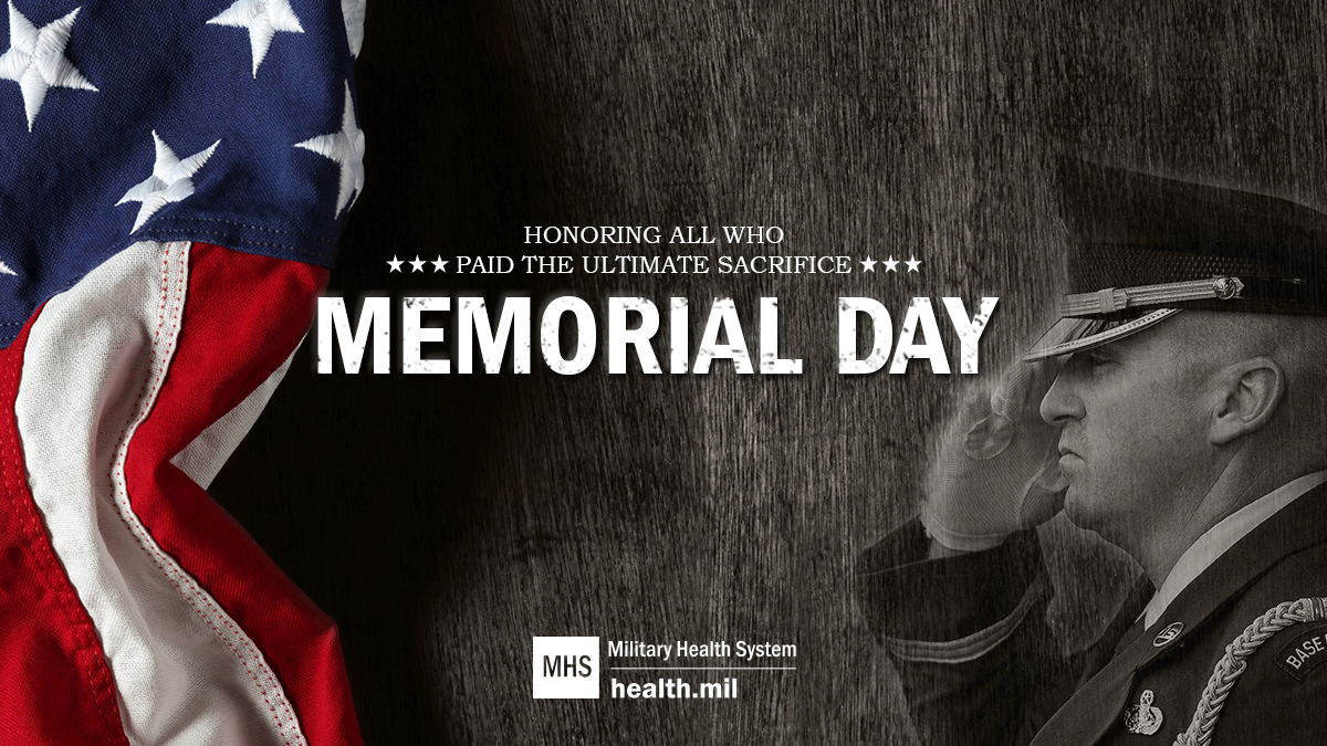 Social media graphic for Memorial Day showing a service member saluting the flag.