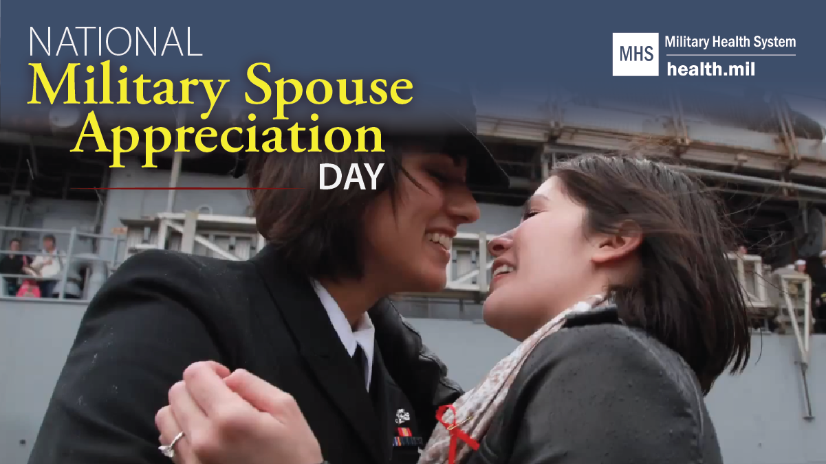 Social media graphic for National Military Spouse Appreciation Day showing a service member with their spouse.