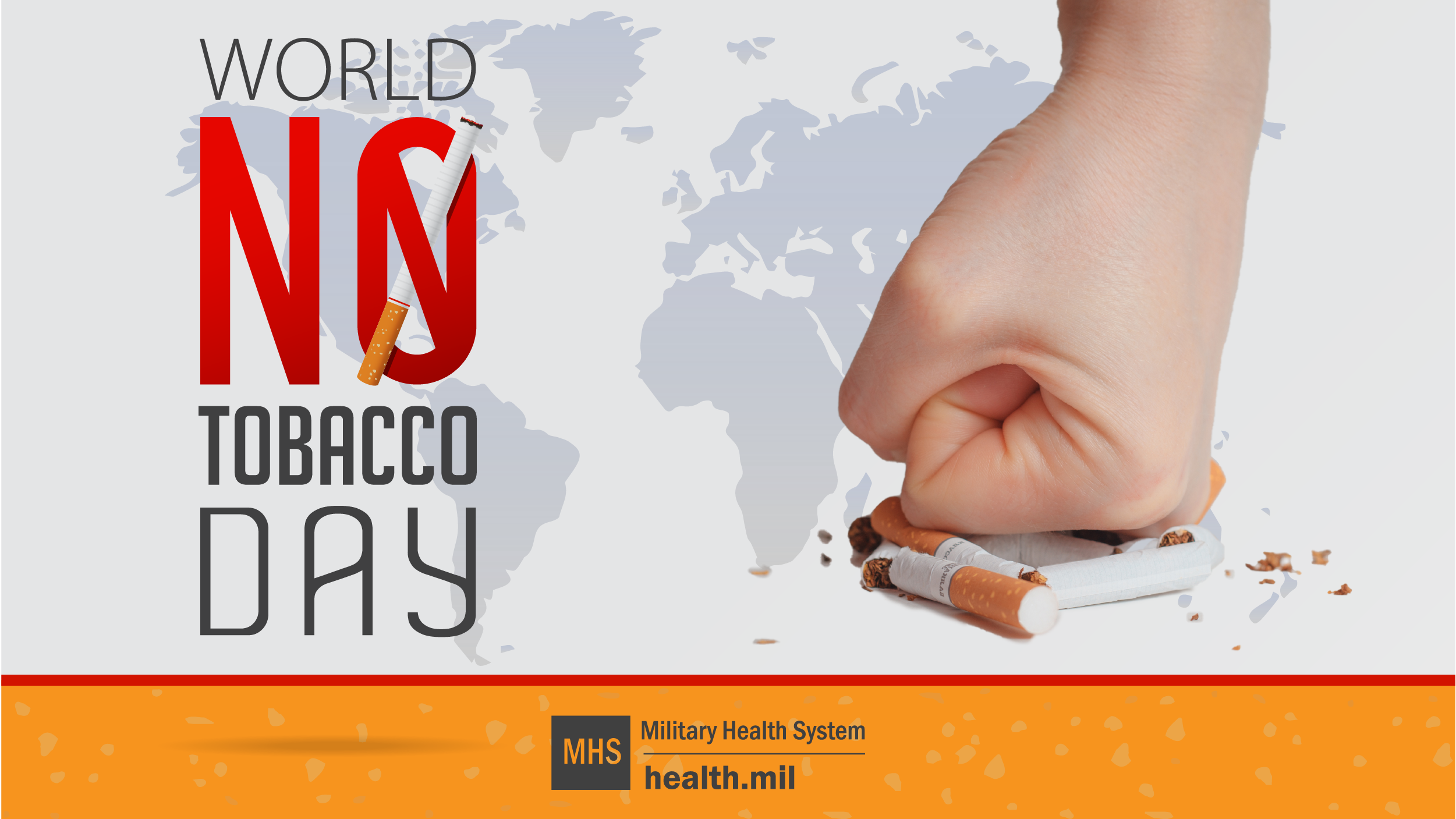 Social media graphic for World No Tobacco Day, showing a fist stamping out a cigarette overlaid on a map of the Earth